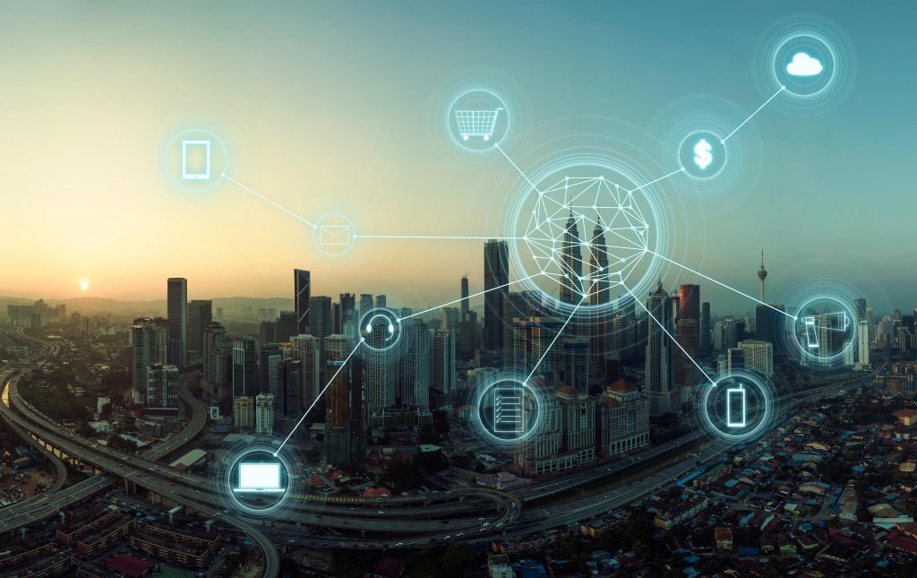 Panorama aerial view in the cityscape skyline and network connection concept, early morning sunrise scene .